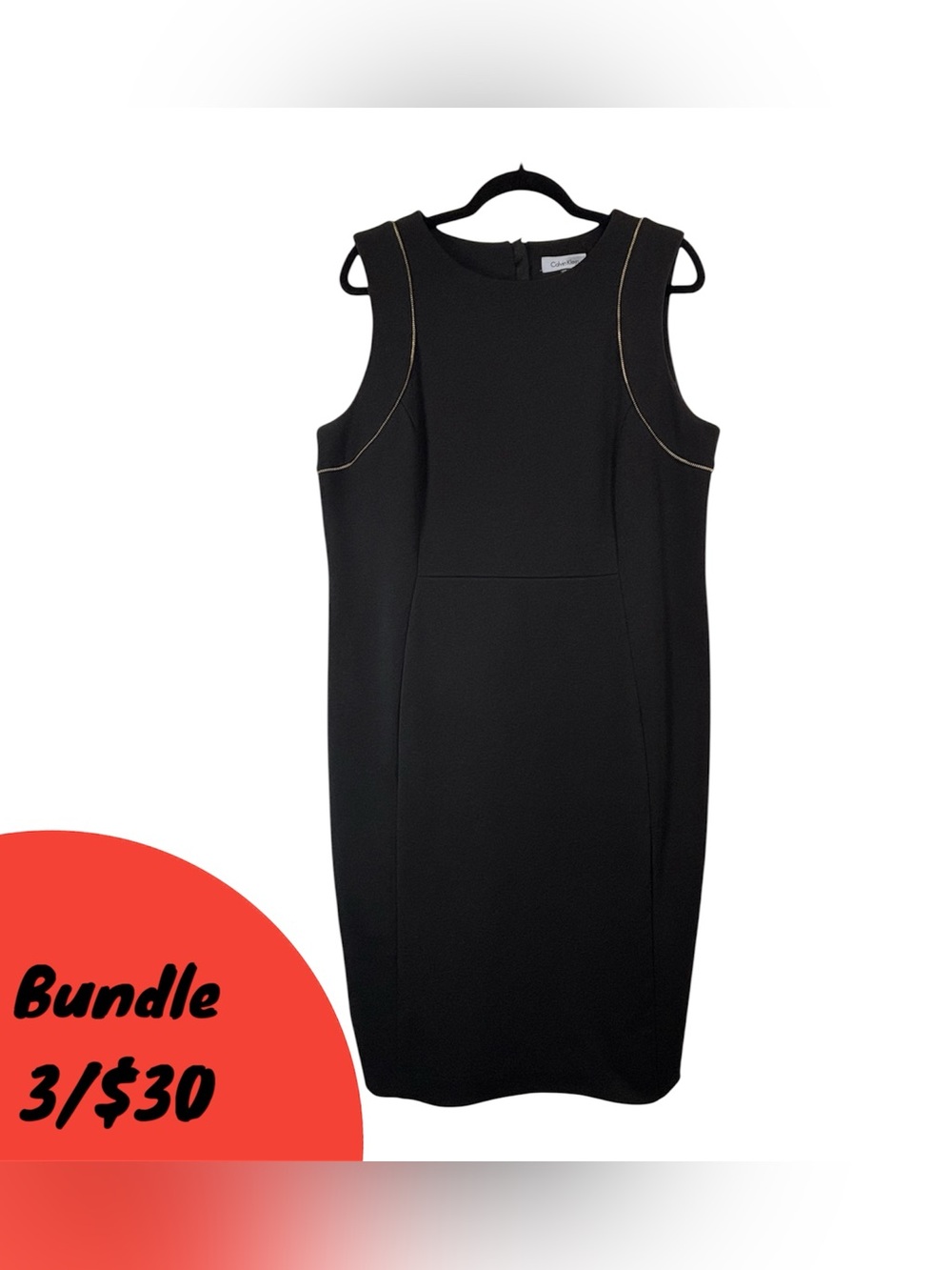 Calvin Klein Black Midi Sheath Dress with Gold zipper Piping Trim Sexy Glamorous